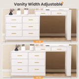 Pamapic 67" Vanity Desk with Mirror and LED Lights, Golden Handles 15 Storage Spaces White Vanity D, 8 Drawers Makeup Desk with Upgraded Silent Slides, Adjustable Width Dresser with Mirror Gift Pamapic