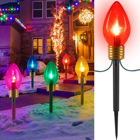 Jumbo C9 Christmas Lights Outdoor Decorations Lawn with Pathway Marker Stakes, 8.5 Feet LED Lights Covered Jumbo Multicolored Light Bulb for Holiday Outside Yard Garden Decor, 5 Lights Brightown