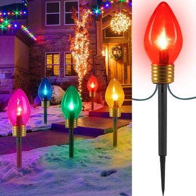 Jumbo C9 Christmas Lights Outdoor Decorations Lawn with Pathway Marker Stakes, 8.5 Feet LED Lights Covered Jumbo Multicolored Light Bulb for Holiday Outside Yard Garden Decor, 5 Lights