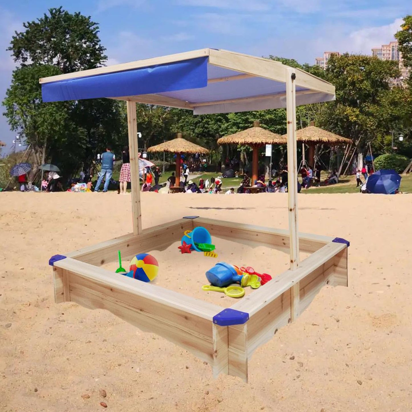 Kids Sandbox with Lid and Cover, Large Wooden Sandbox with Adjustable Canopy, Children Outdoor Playset, Sand Pit for Backyard Play, Beach