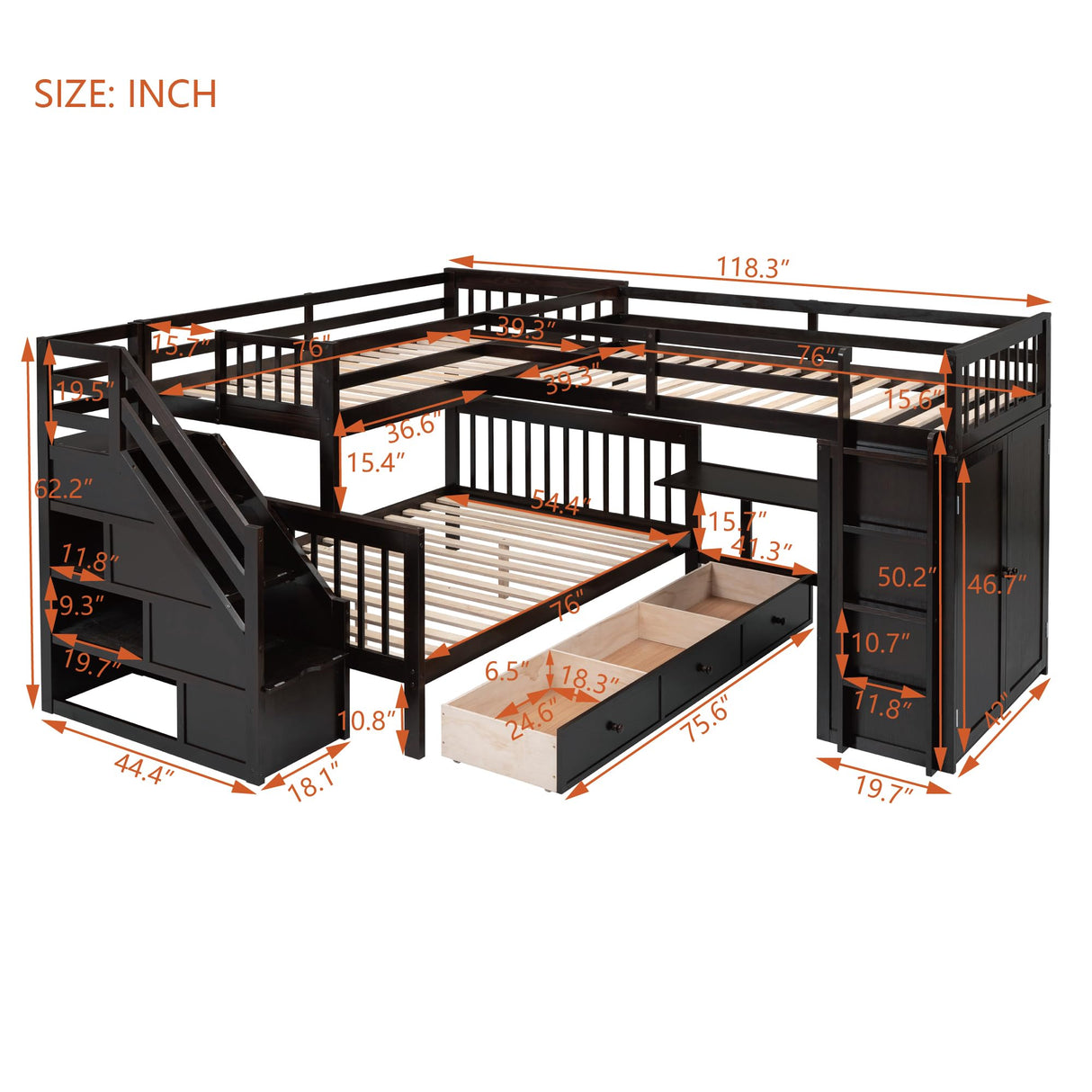 L-Shaped Bunk Bed for 4 Kids, Twin-Twin Over Full with 3 Drawers, Portable Desk and Wardrobe, Solid Wood Bedframe with Stairs and Full-Length Guardrails, No Box Spring Needed (Espresso) BEDGJH