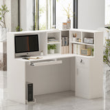 Homsee Reception Desk L-Shaped Office Desk with Counter, 1 Door Storage Cabinet, 1 Lockable Drawer, Hutch Shelf & Keyboard Tray, White Homsee