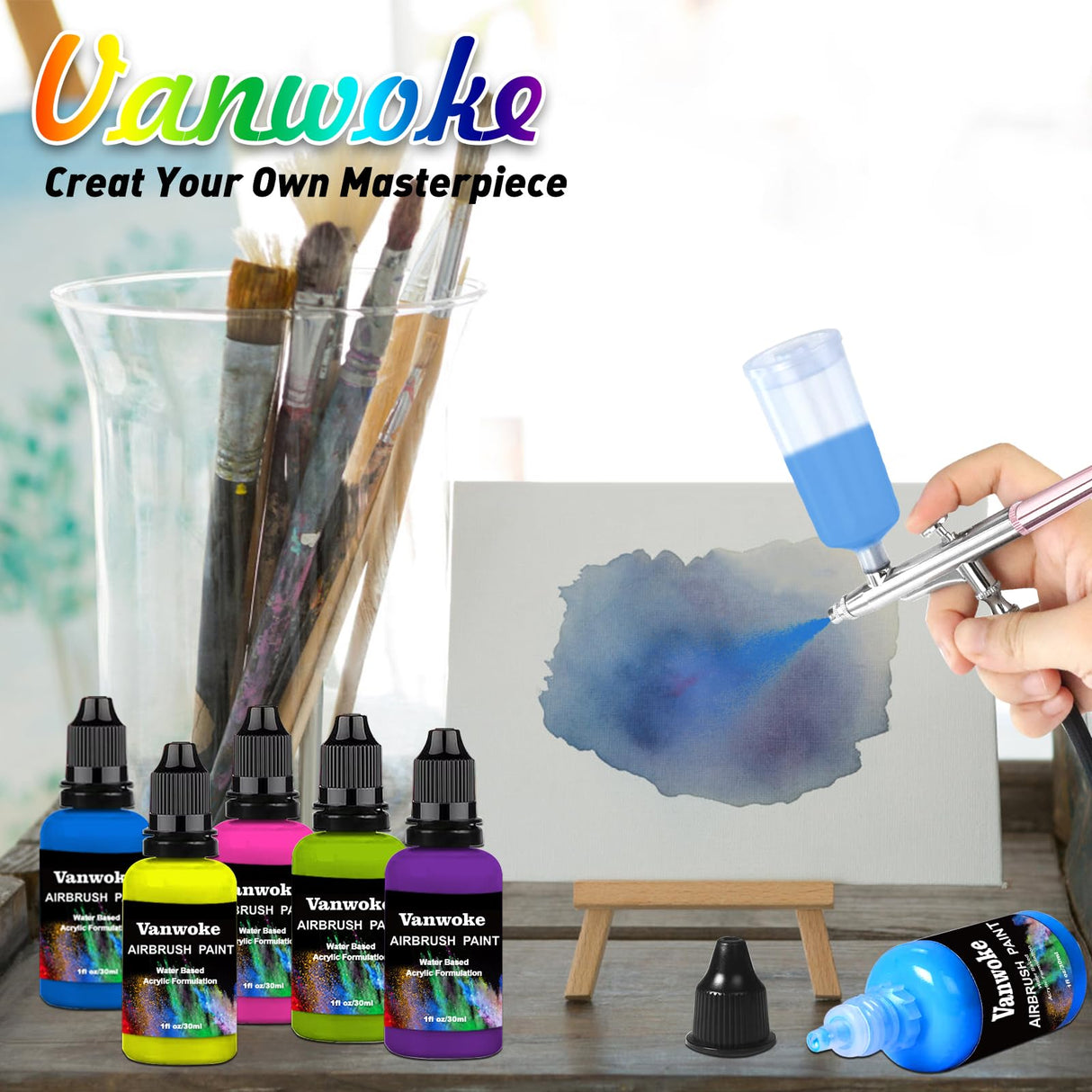 Airbrush Paint 28 Colors Water-Based Acrylic Airbrush Paint Set Ready To Spray For Nails Artists Diy Hobbyist And Beginners Painting Supplies Includes Metallic Neon Colors (30 ml/1 oz) Vanwoke