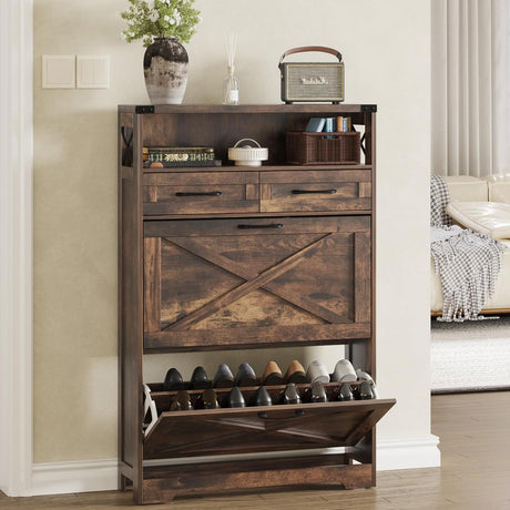 Maupvit Shoe Storage Cabinet, Farmhouse Shoe Cabinet with 2 Flip Drawers & 2 Drawers, Entryway Shoe Storage Cabinet with Doors, Narrow Shoe Cabinet for Front Door Entrance, Rustic Brown Maupvit