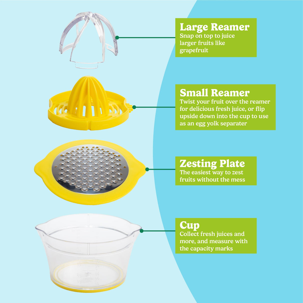 Tasty 4-in-1 Citrus Juicer and Zester, Multifunctional Kitchen Gadget, Dishwasher Safe, 16-Ounce Capacity, 2-Cup, Yellow Tasty