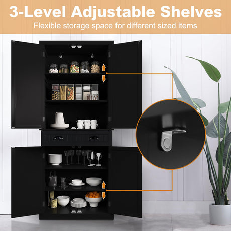 ARTPOWER Kitchen Pantry Storage Cabinet with Drawer and Adjustable Shelves, Pantry Cabinet for Kitchen, Bathroom or Hallway, Black ARTPOWER