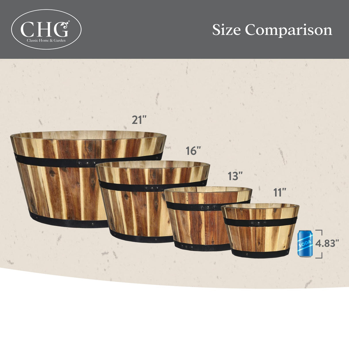 Classic Home and Garden Acacia Wood Whiskey Barrel Planter with Black Metal Band, 21in D x 12.5in H Classic Home & Garden