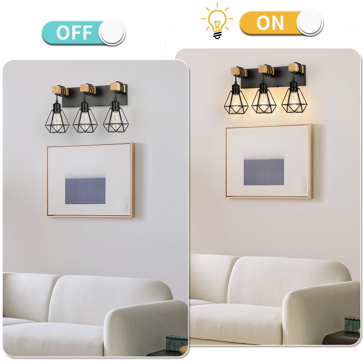 foucasal Farmhouse Bathroom Vanity Light Fixtures, 3-Light Bathroom Light Fixtures Over Mirror, Rustic Wood Sconces with Metal Cage Lampshade, Black Wall Lighting for Living Room, Bedroom, Hallway foucasal