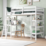 KOTEK Twin Loft Bed with Desk & Storage Shelves, Solid Wood Loft Bed Frame with Bookcase, Ladder, Guardrails, Twin Size Loft Bed for Kids, Teens, Drom, Apartment (White) KOTEK