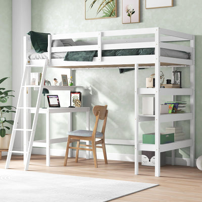 KOTEK Twin Loft Bed with Desk & Storage Shelves, Solid Wood Loft Bed Frame with Bookcase, Ladder, Guardrails, Twin Size Loft Bed for Kids, Teens, Drom, Apartment (White)