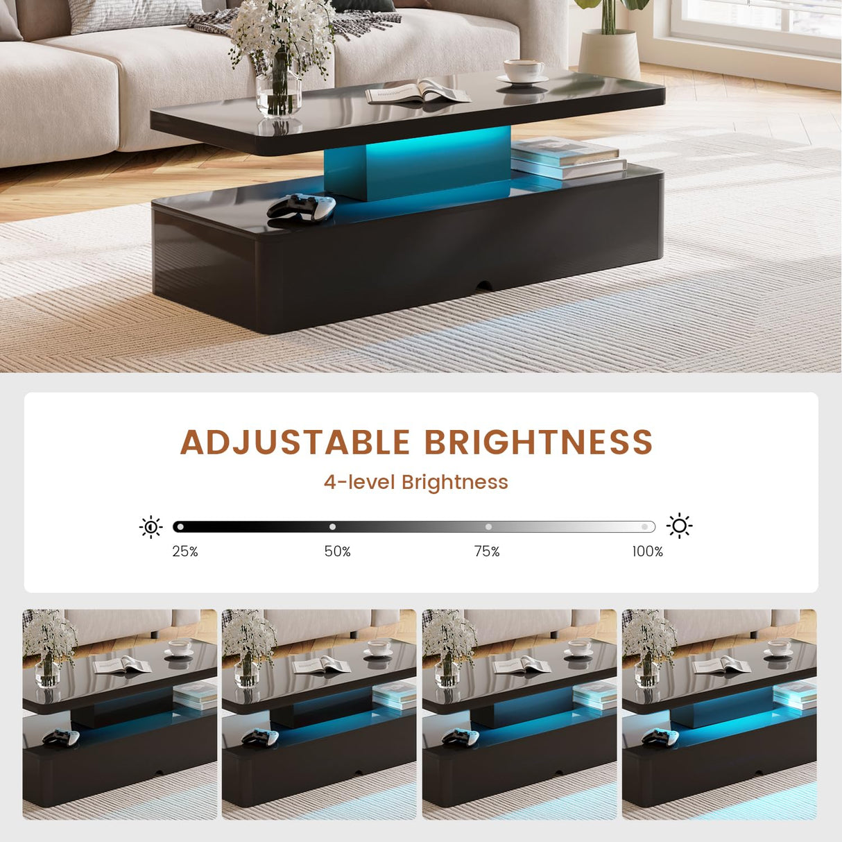 MXV Modern Coffee Table, 40 Inches Coffee Tables with 16 Colors LED Lights, 2 Tier Rectangular Center Table, Large Storage Space, High Glossy Wooden Tea Table for Living Room, Bedroom, Office, Black MXV