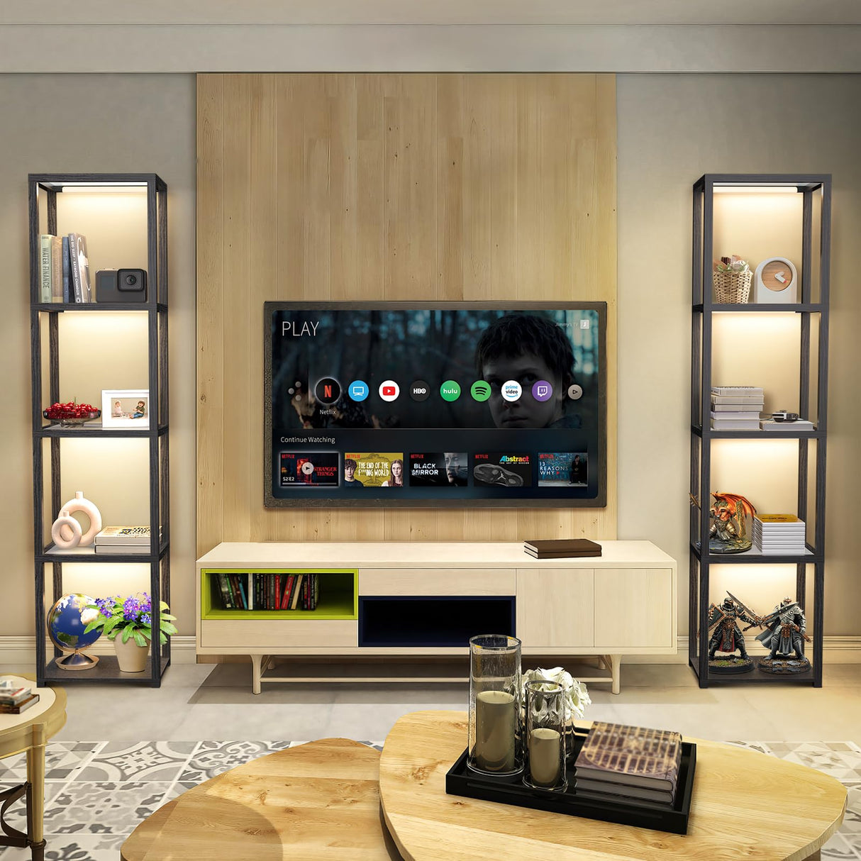 OUTON 67" Glass Display Shelf with Dimmable LED Floor Lamp, Collectibles Display Cabinet with Remote & App Control, 5 Tier Open Bookshelf Lamp for Living Room, Bedroom, Office, Home Decor, Black OUTON