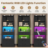 Tall Black Nightstand Set with LED Lights, Charging Station, and Bookshelf - Modern Storage Solution for Bedrooms VIAGDO