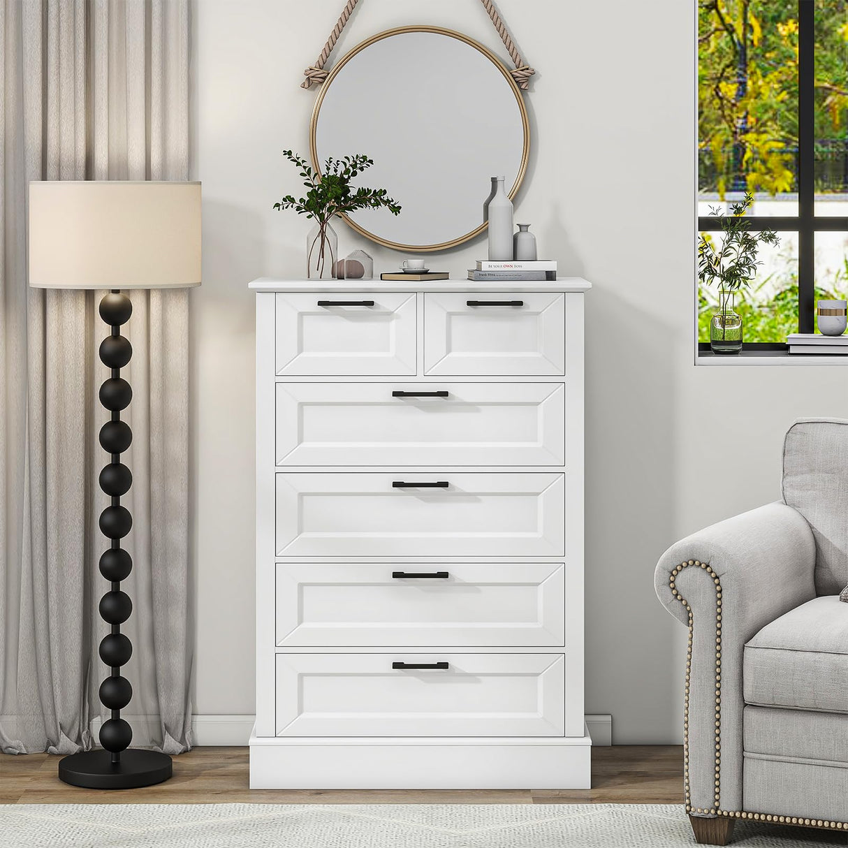 Odeekea White Dresser with 6 Drawers, Vertical Tall Dresser for Bedroom, Wood Dresser for Hallway, Living Room, Chest of Drawers for Nursery, Entryway, 47” Tall Modern Farmhouse Style Dresser ZLWJGY