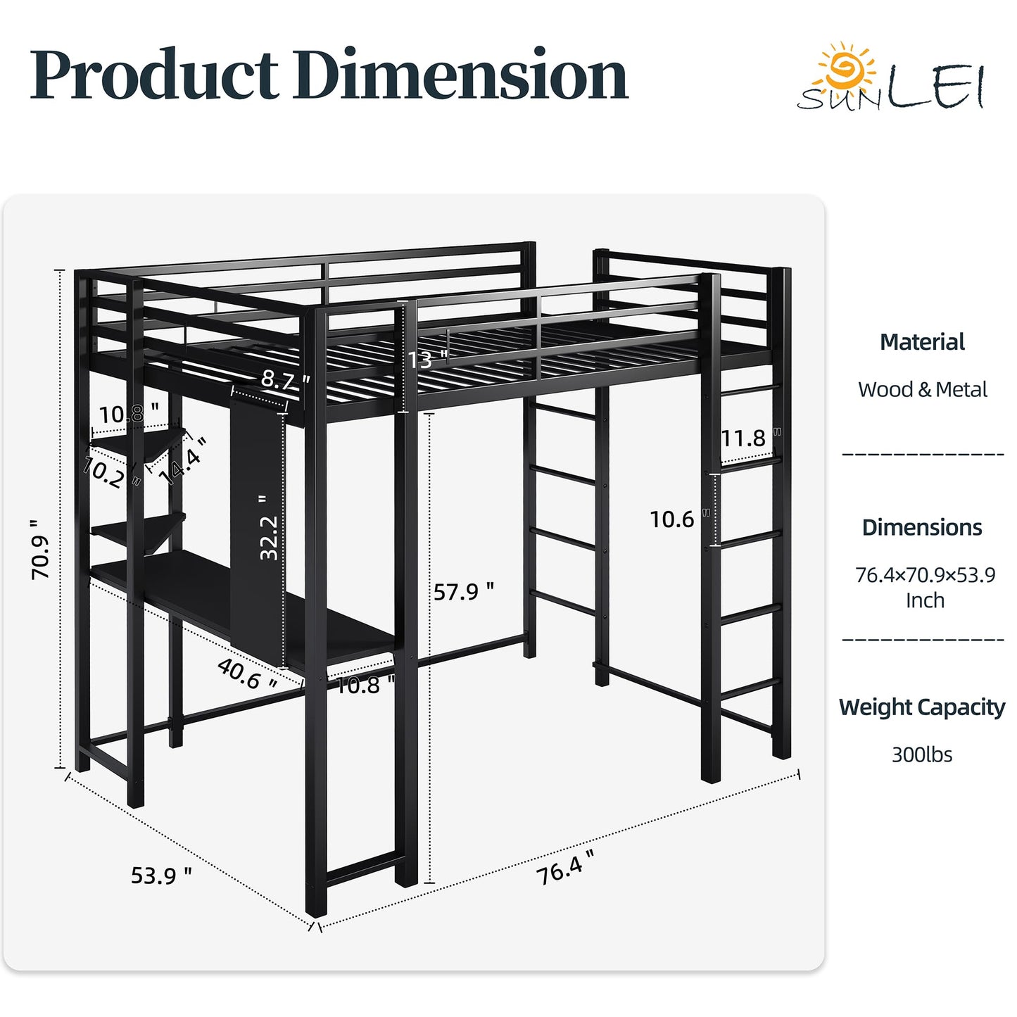 SUNLEI Loft Bed Full Size with Desk and Safety Guard Rail, Full Size Metal Bed Frame with Double Layer Shelves for Storage, No Box Spring Needed and 2 Security Ladders, Black