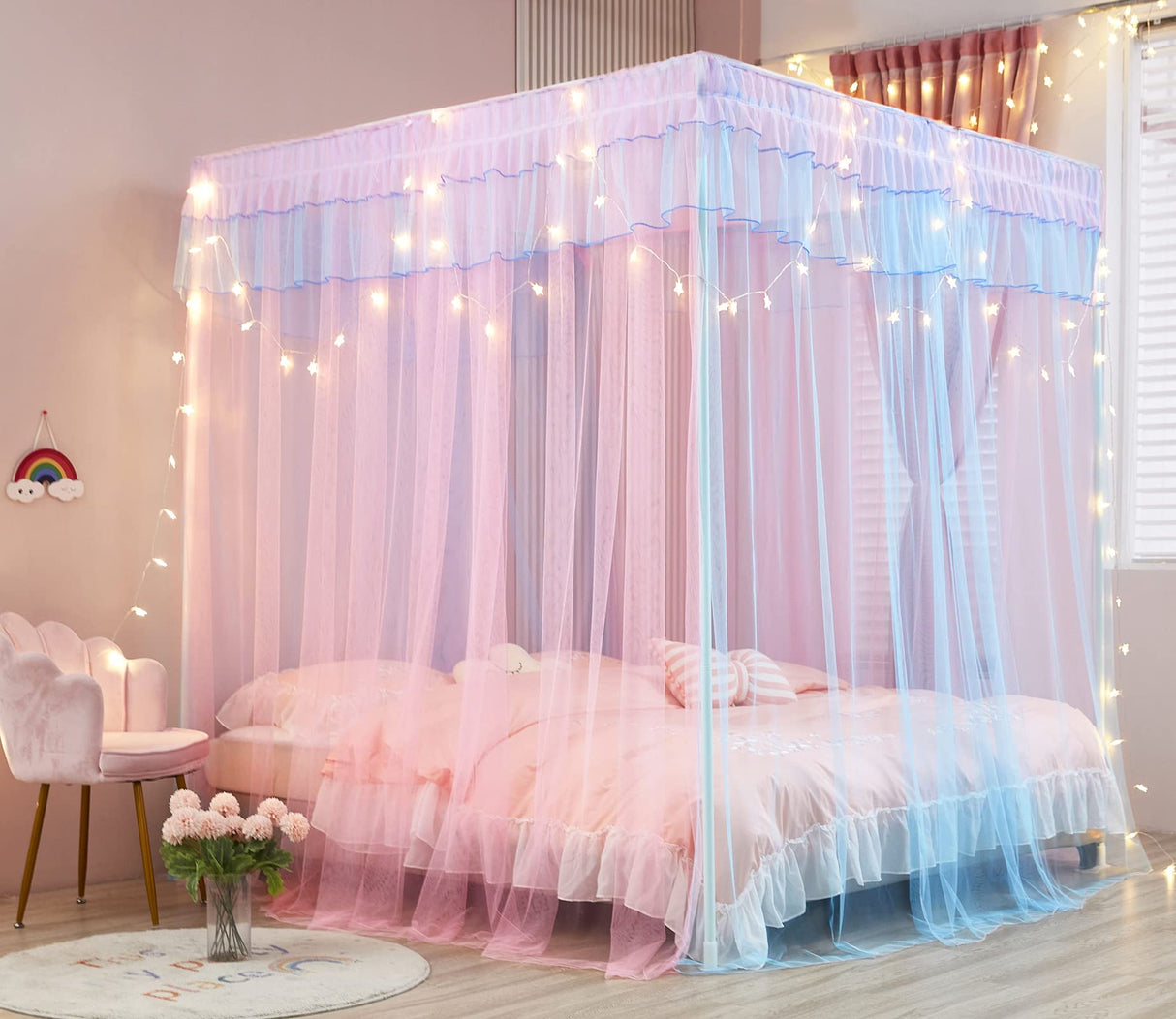 Mengersi Rainbow Canopy Bed Curtains with Lights - Princess Bed Canopy for Girls - Bed Drapes Netting- Bedroom Decoration Accessories,Twin Mengersi