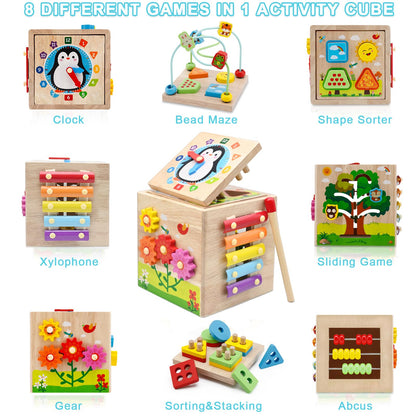 Resumplan 8-in-1 Baby Activity Cube – Premium Wooden Activity Cube Featuring Shape Sorting, Stacking Blocks, Xylophone, Wooden Montessori Toys for Baby, Educational Learning Toys for Toddlers