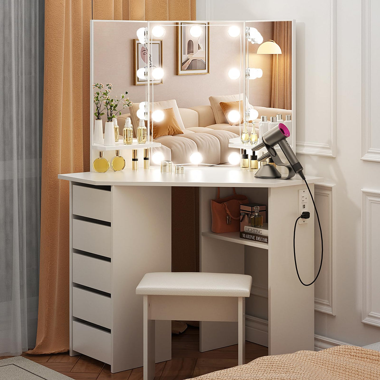 VOWNER Vanity with Lights - Makeup Vanity Desk with Power Outlet, 3 Color Lighting Options Brightness Adjustable, Vanity Table with 5 Sliding Drawers, Shelves and Stool for Bedroom, White VOWNER