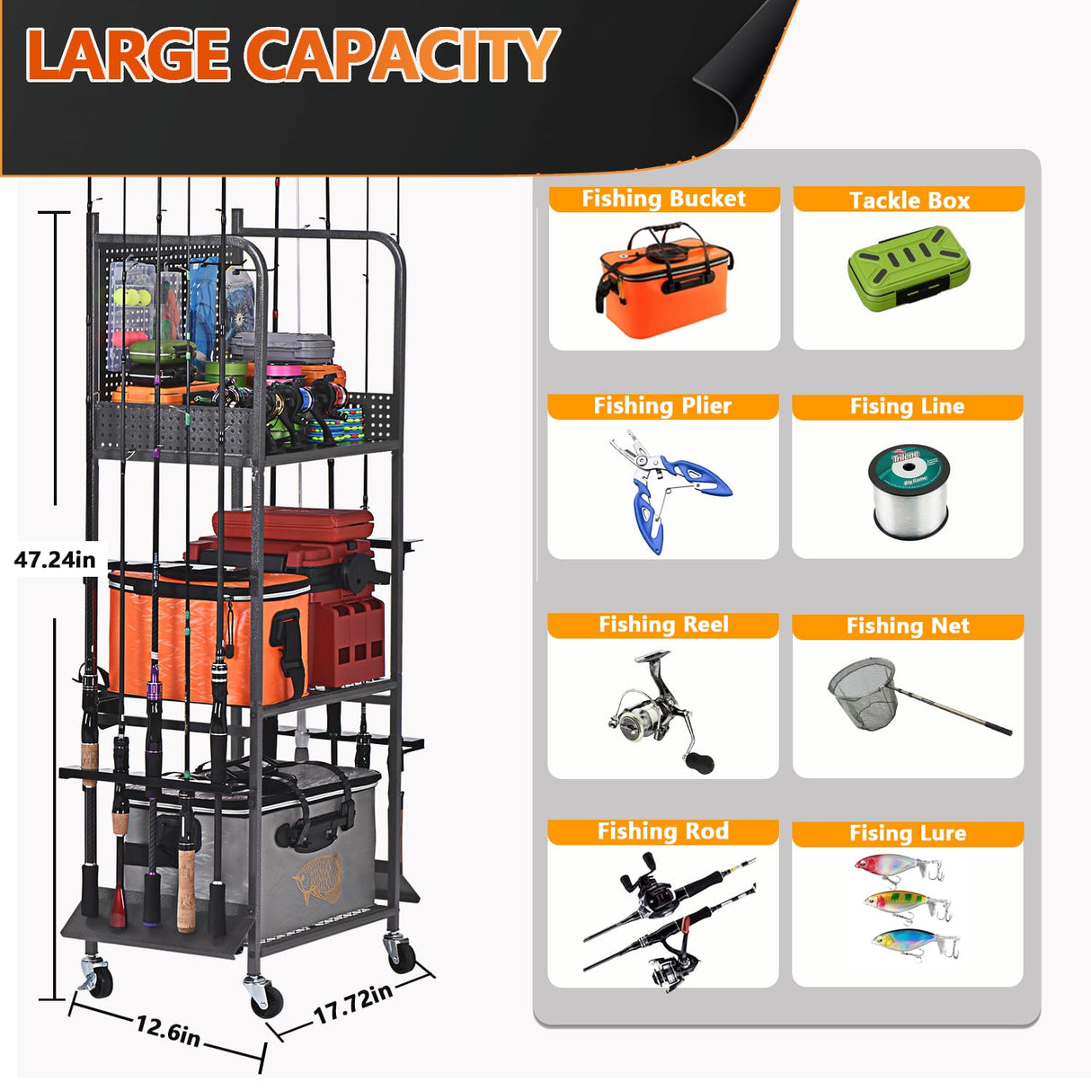 Lezbanz Heavy Duty Fishing Rod Rack with Pegboard & Hooks, Fishing Organizer for Garage Holds Up to 10 Rods, 3-Tier Fishing Gear Holder for Garage with Movable Wheels Lezbanz