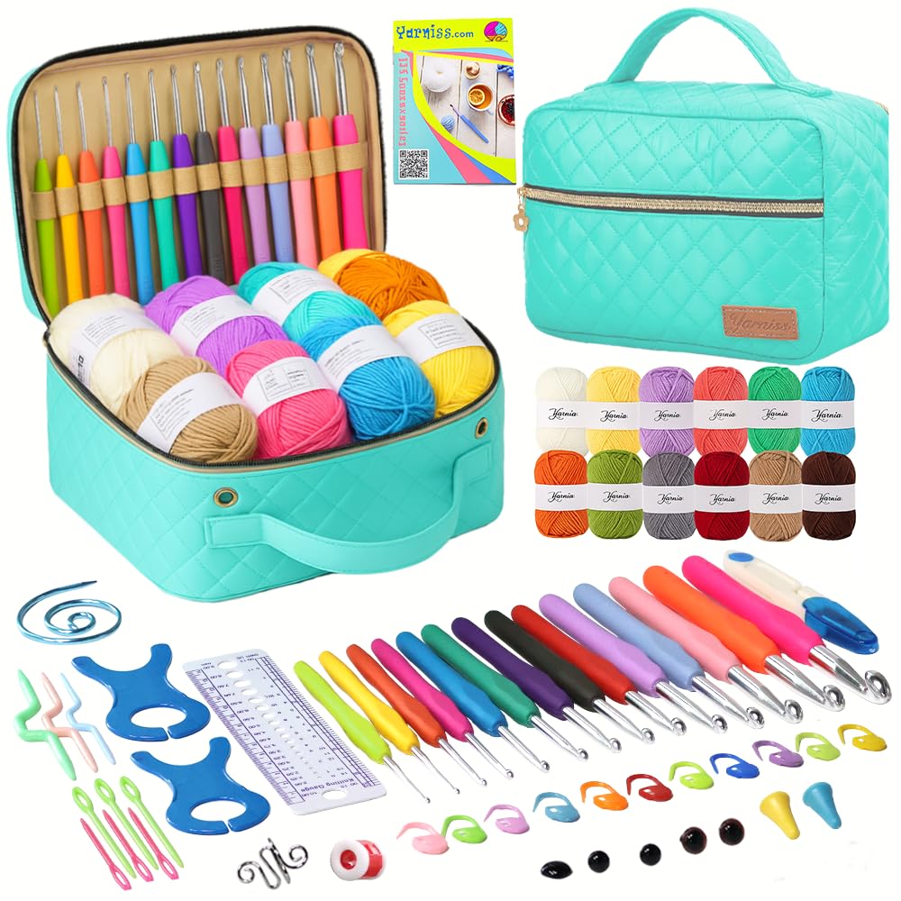 Yarniss Crochet Kits for Beginner, All-Inclusive Crochet Kit for Adults with 14 Size Ergonomic Crochet Hooks,12 Yarns Balls & Bag Yarniss