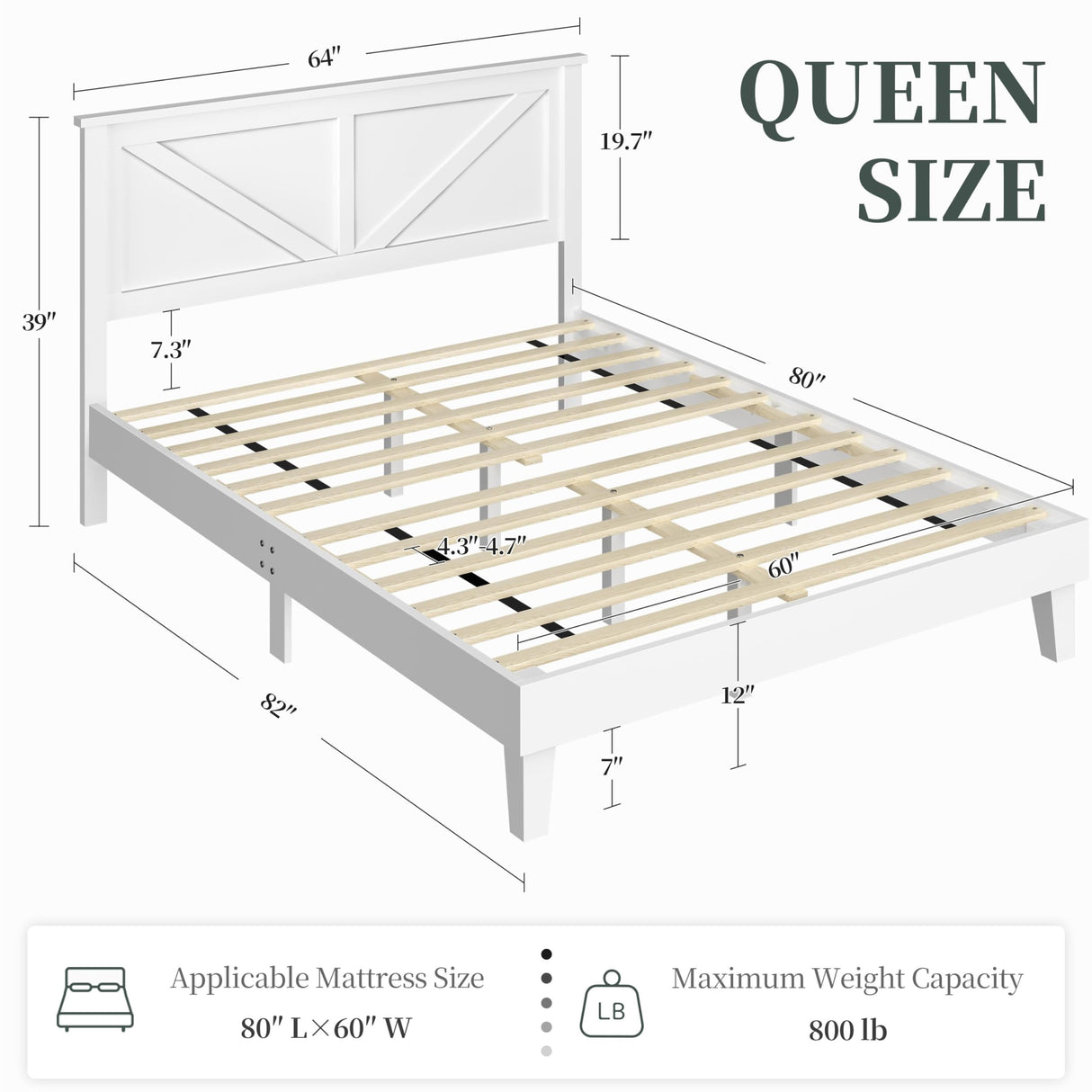 Yaheetech Wood Bed Queen, Farmhouse White Rubberwood Platform Bed Frame with V-Designed Headboard, Sturdy Wooden Support Slats, Holds up to 800 Pounds, Noise-Free, Easy Assembly Yaheetech