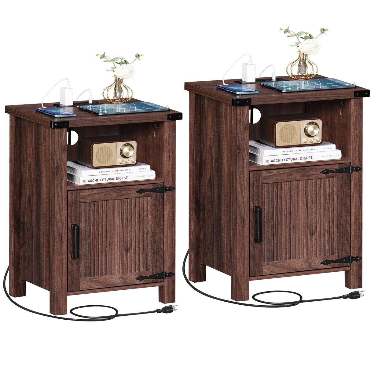 Joaxswe Night Stand Set of 2, 18 Inch Farmhouse Nightstand with with Charging Station and USB Port, Rustic Wood Bedside Table with Magnetic Door, Bed Side Tables for Bedroom, Brown Walnut Joaxswe