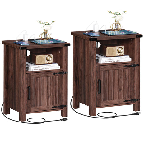 Joaxswe Night Stand Set of 2, 18 Inch Farmhouse Nightstand with with Charging Station and USB Port, Rustic Wood Bedside Table with Magnetic Door, Bed Side Tables for Bedroom, Brown Walnut Joaxswe