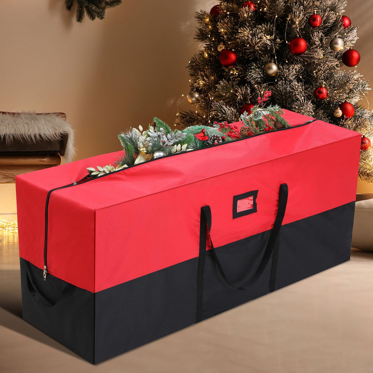 Wesnoy Large Heavy Duty Christmas Tree Storage Bag Waterproof Christmas Tree Storage Box with Handles Xmas Bin for Holiday Disassembled(Red, Black,7.5 ft) Wesnoy