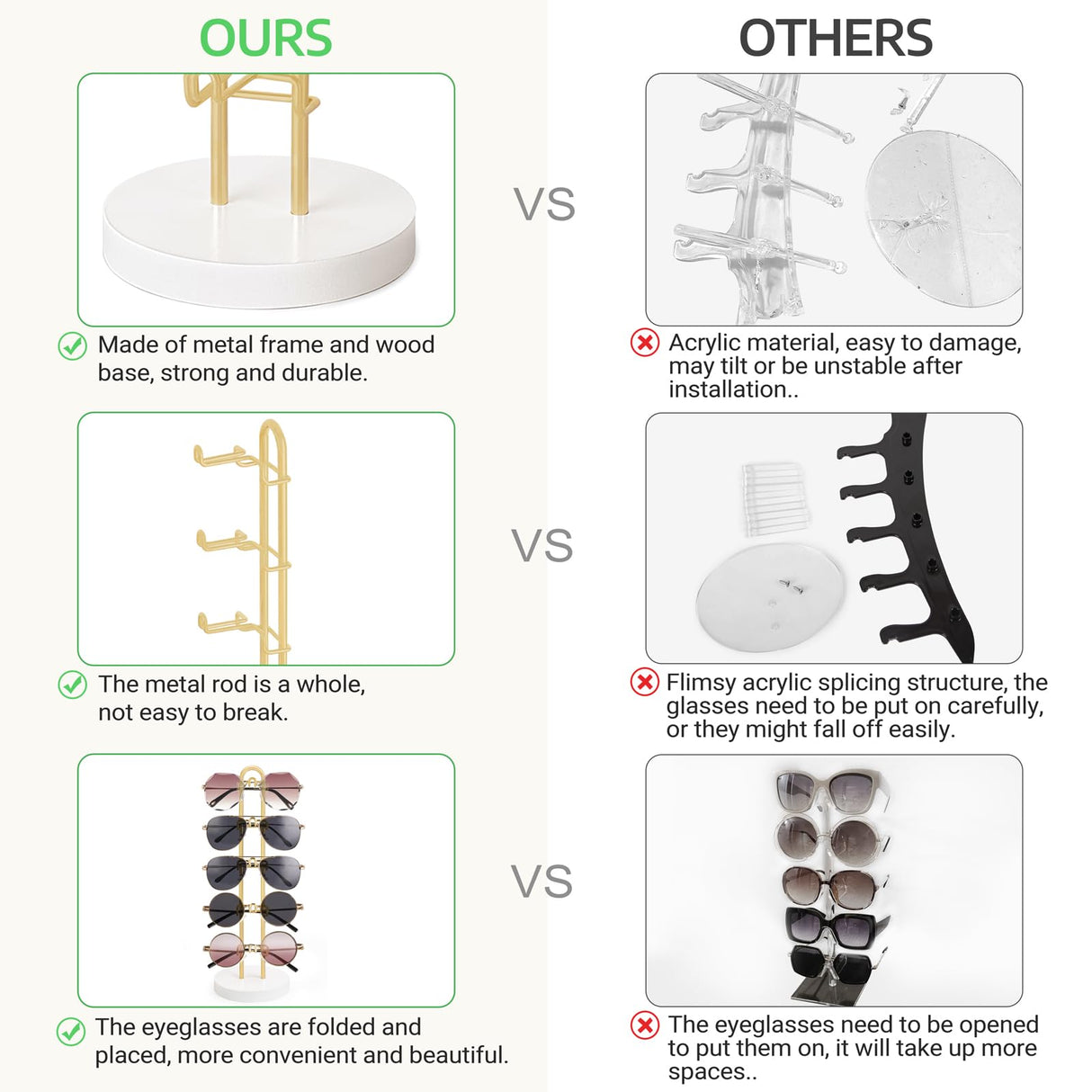 Mkono Sunglasses Organizer Glasses Holder Stand Sunglass Storage Eyeglasses Rack Metal Frame with Wood Base for 5 Pairs of Eyewear Display for Table Desk Countertop Dresser Bedroom, Set of 1, Gold Mkono