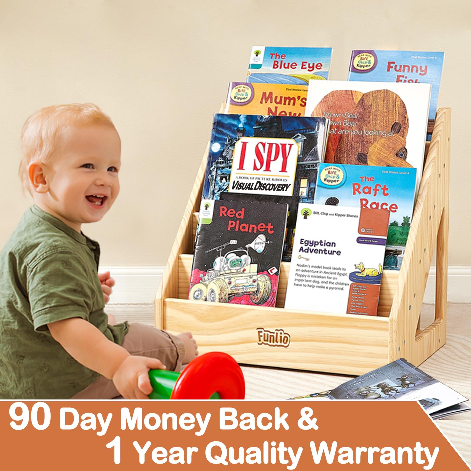 Front-Facing FUNLIO Montessori Bookshelf for Toddlers - Premium Pine Bookcase with Handles & Safety Features - WoodArtSupply