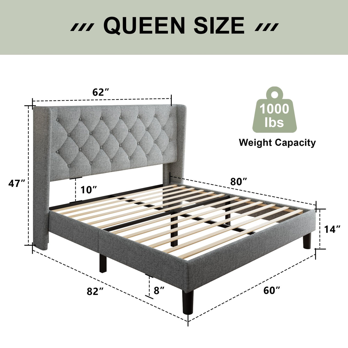Feonase Queen Bed Frame with Upholstered Wingback Headboard, Platform Bed and Heavy Duty Wooden Slats Support, Easy Assembly, Noise-Free, No Box Spring Needed, Light Gray Feonase