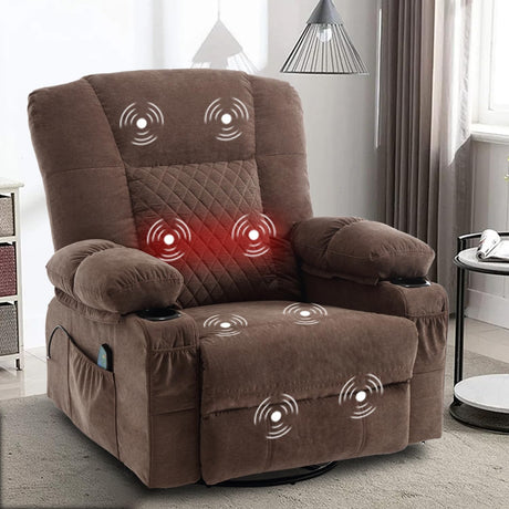 Swivel Rocker Recliner Chair for Adults with Vibration Massage, Overstuffed Soft Fabric Recliner with Lumbar Heat, Modern Manual Rocking Recliner with Cup Holders, for Living Room, Home Theater, Brown Comermax