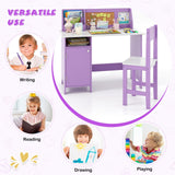Costzon Kids Desk and Chair Set, Wooden Children Study Table with Storage, Hutch, Cork Bulletin Board, Whiteboard & Marker, Student Computer Workstation Writing Desk for Kids Bedroom, School, Purple Costzon