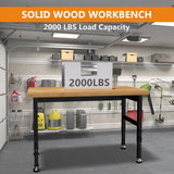 Pelnuies 48" Work Bench, Adjustable Height Workbench with Rubber Pad, Heavy-Duty Solid Wood Work Table with Power Outlets, 2000 LBS Capacity Workstation for Garage, Workshop, Office, Home Pelnuies