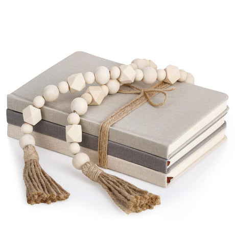 Feifeiya 3 Pieces Faux Decorative Books Set for Home Decor Fake Books for Shelves Coffee Table Stacked Linen Covered Decoration with Wood Bead Bookends Gift for Display in Living Room Farmhouse Feifeiya