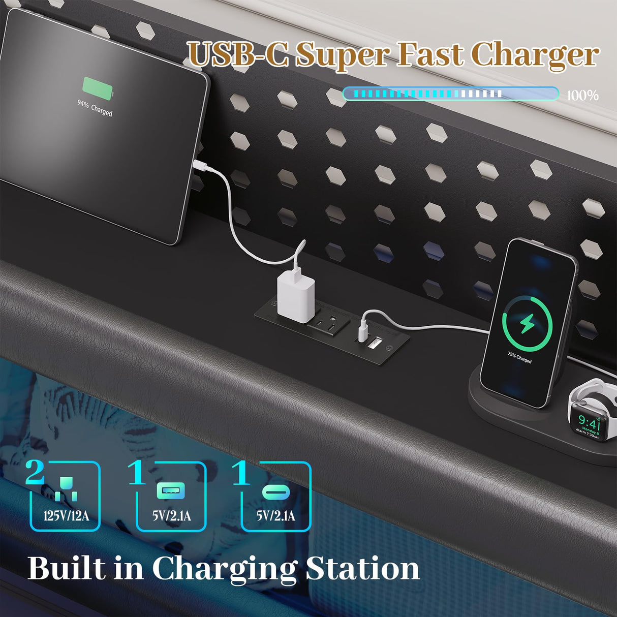 BYSAUD King Size Bed Frame,Floating Bed Frame with Storage Headboard & LED Light,Floating bed Frame King with Charging Station,King Bed with Bookcase Headboard,No Box Spring Needed,Noise-Free PU Black BYSAUD