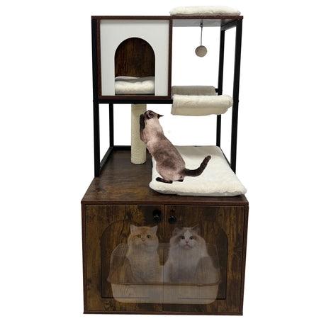 Litter Box Enclosure with Cat Tree, Corner Kitty Litter Box Enclosure Furniture Dog Proof Wooden Cats Cabinet with Condo, Plush Hammock, Scratching Post and Play Ball GarveeLife