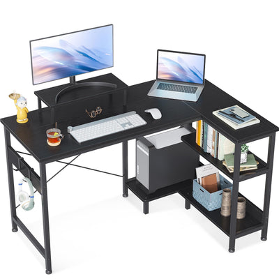 ODK 47 Inch Small L Shaped Computer Desk with Reversible Storage Shelves, L-Shaped Corner Desk with Monitor Stand for Small Space, Modern Simple Writing Study Table for Home Office Workstation, Black