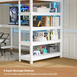 Bunk Bed with Desk and 4-Layer Shelves, Loft Bed Twin Size with Under Desk and Bookcase Storage, Twin Bed Frame for Kids, Adults& Young Teens, White JOYMOR