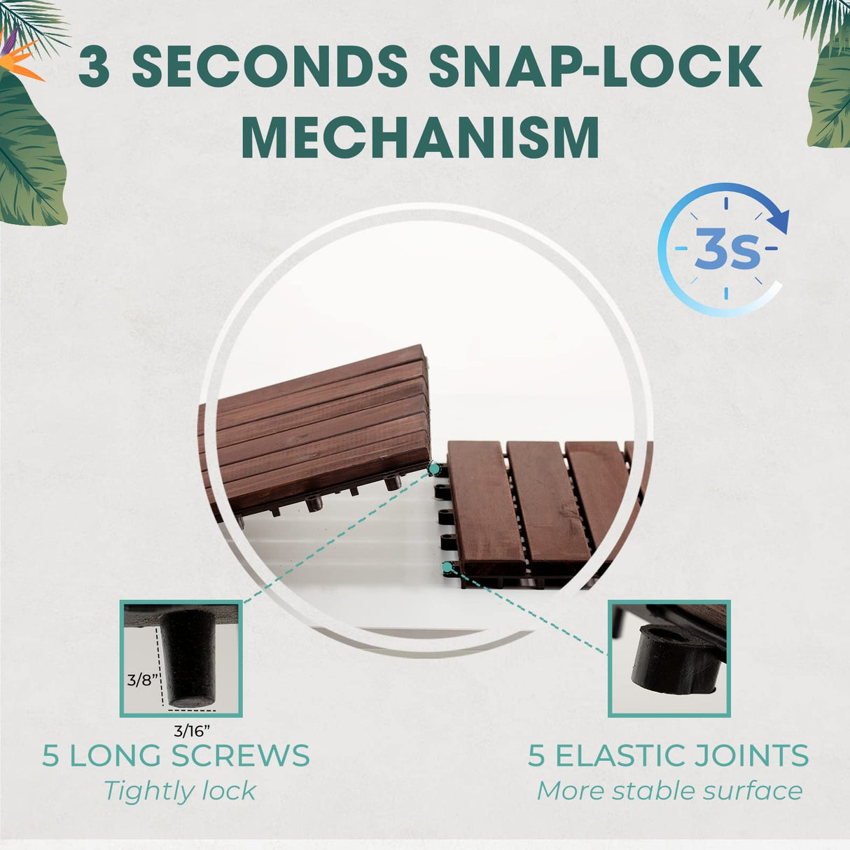 Idzo Interlocking Deck Tiles - 10PCS Waterproof Acacia Wood Patio Tiles, Flooring Tiles for Both Indoor and Outdoor - Decking Stripe Pattern, Dark Brown, 12 x 12 x 0.9 inches IDZO