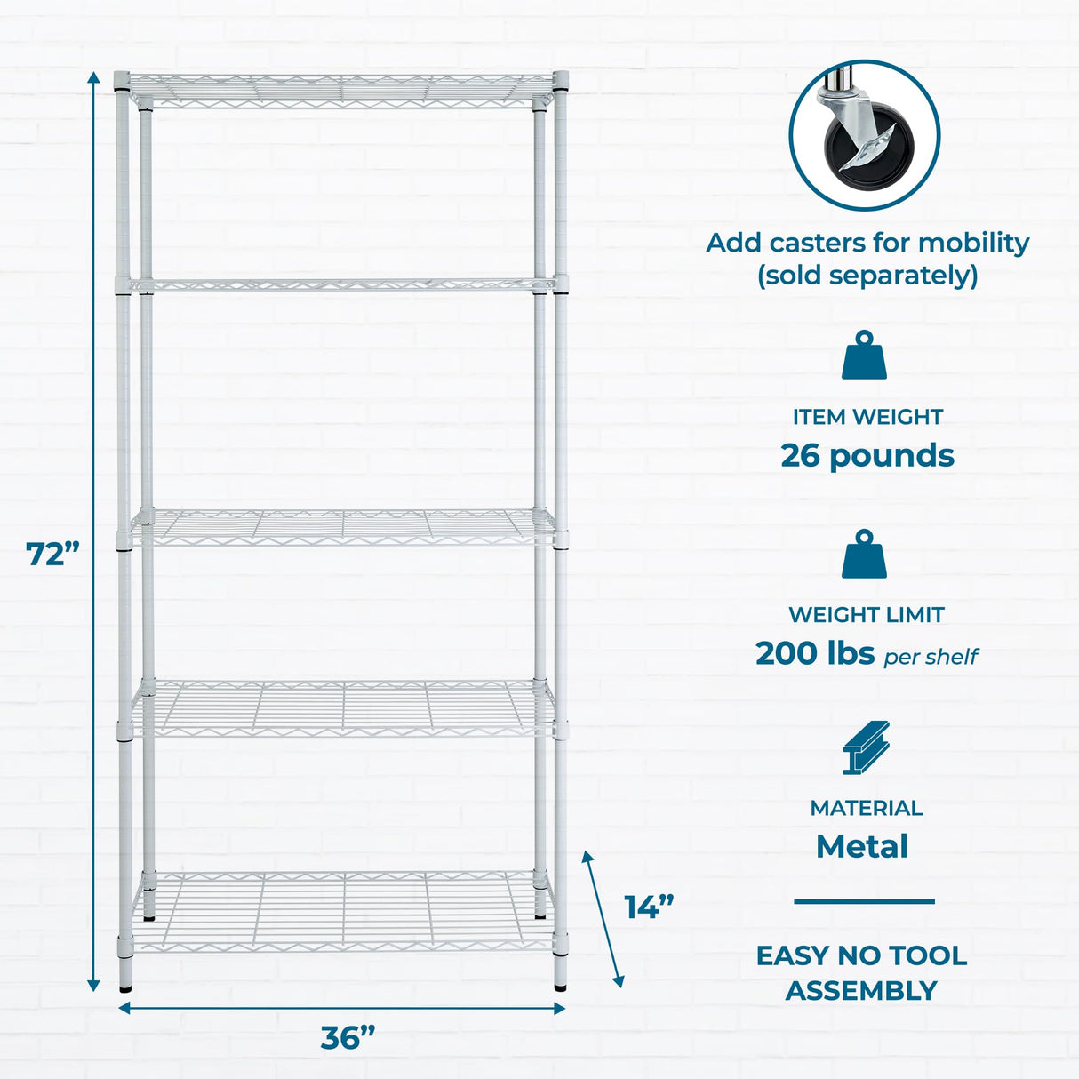Honey-can-do SHF-01573 5-Tier Adjustable Shelving System, 14-Inch by 36-Inch by 72-Inch, White Honey-Can-Do