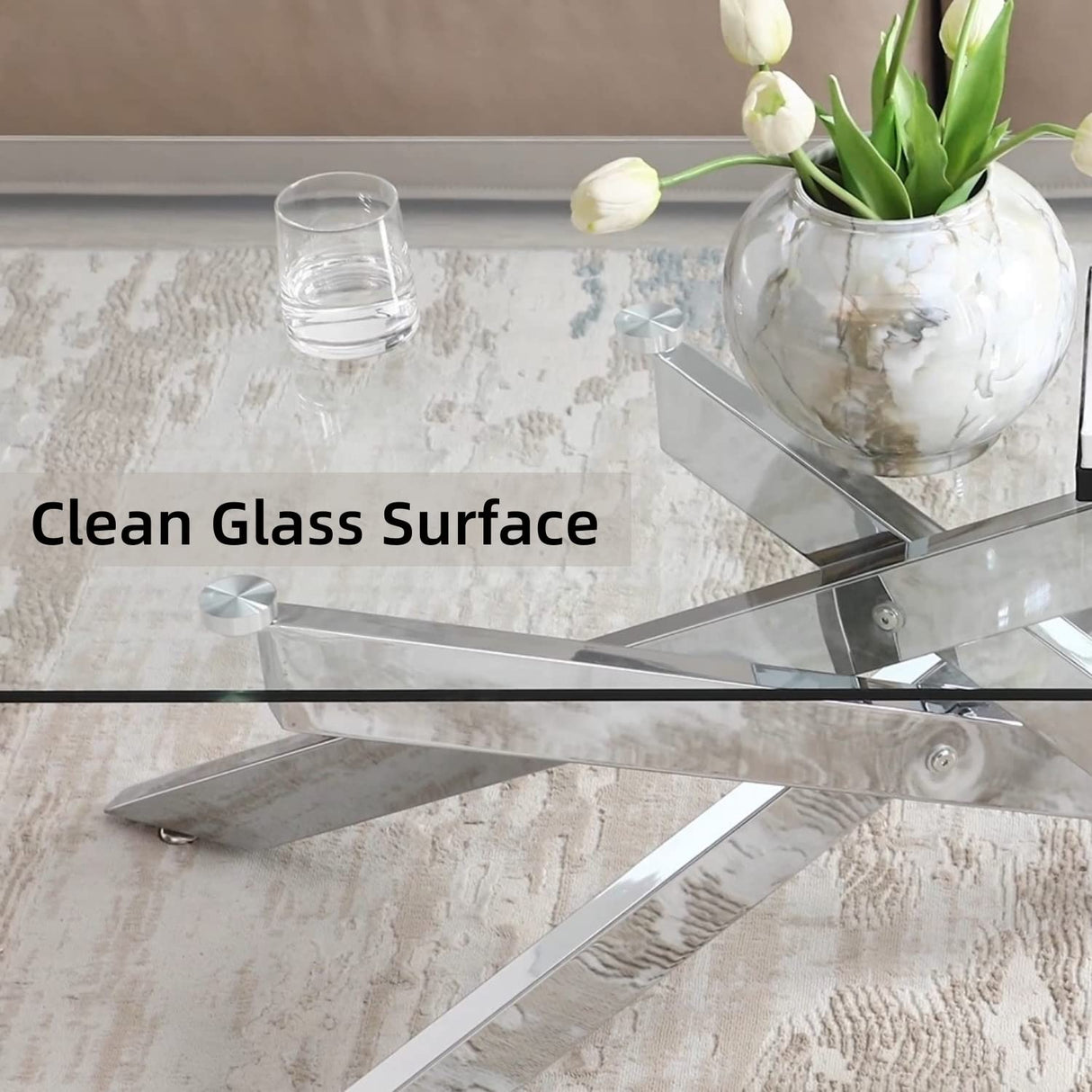 Rectangle Modern Coffee Table, Tempered Glass Top and Metal Tubular Leg, 47.3”Lx23.6”Wx18.1”H, Silver Edwin's Choice