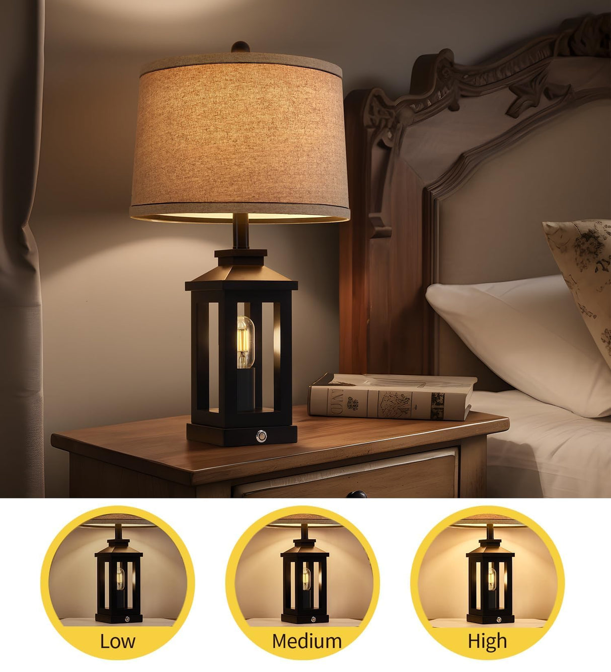 G-SAFAVA 23.75" Retro Farmhouse Black Table Lamp for Living Room Bedroom Nightstand Set of 2 Touch Control Bedside Nightlight Vintage Modern Lamp with USB C+A Ports and 2 Light Sources G-SAFAVA