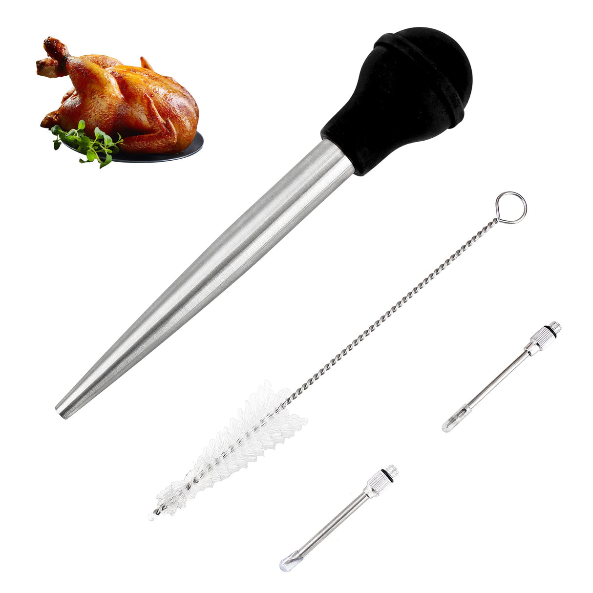 Turkey Baster Syringe for Cooking, Large Stainless Steel Meat Injector, with Cleaning Brush and 2 Marinade Needles, Black Omoojee