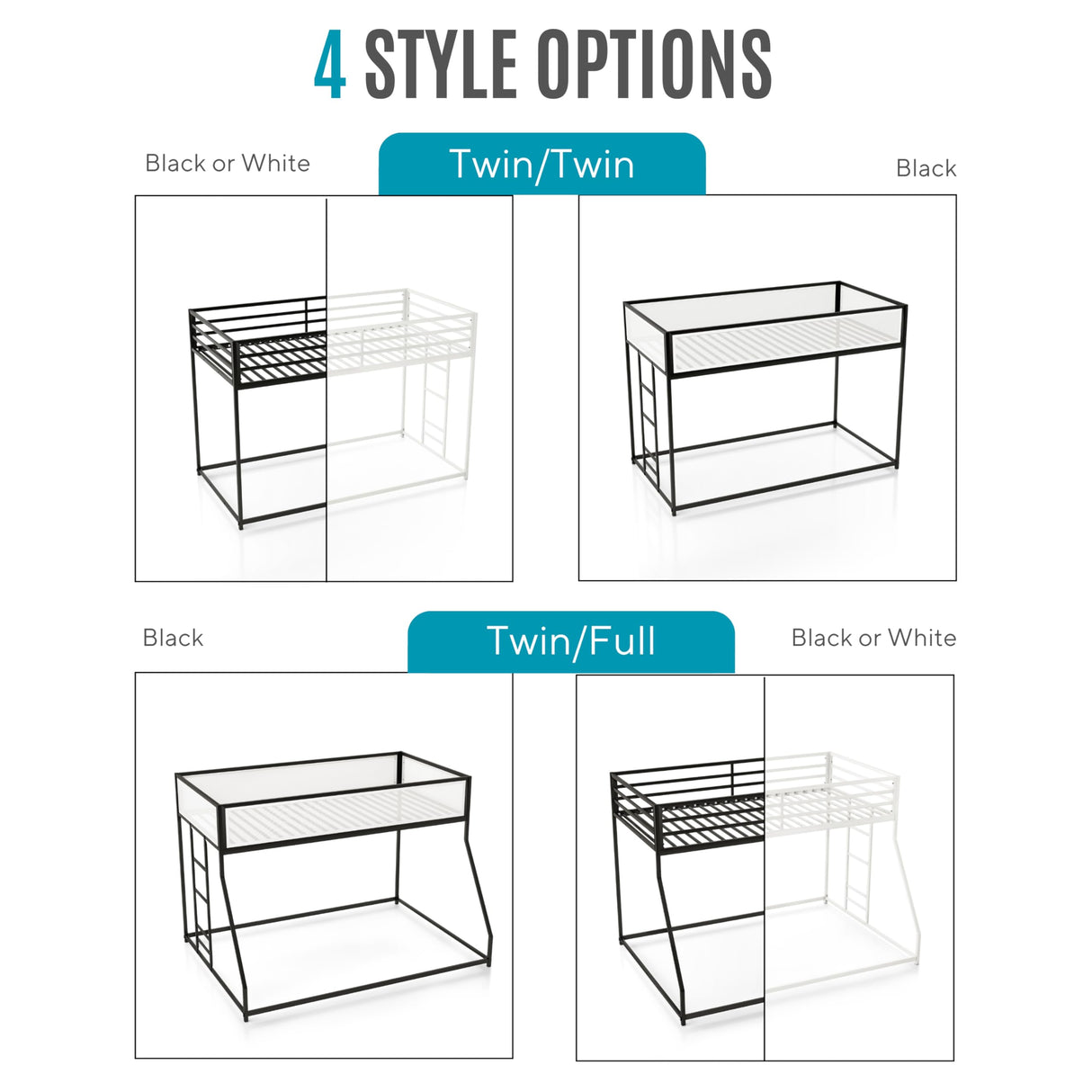 Furniture of America Dravenor Modern Metal Twin Over Twin Low Profile Bunk Bed with Reversible Ladder and White Magnetic Mesh Panel, No Box Spring Required, for Kids, Bedroom, Dorm, Black Furniture of America