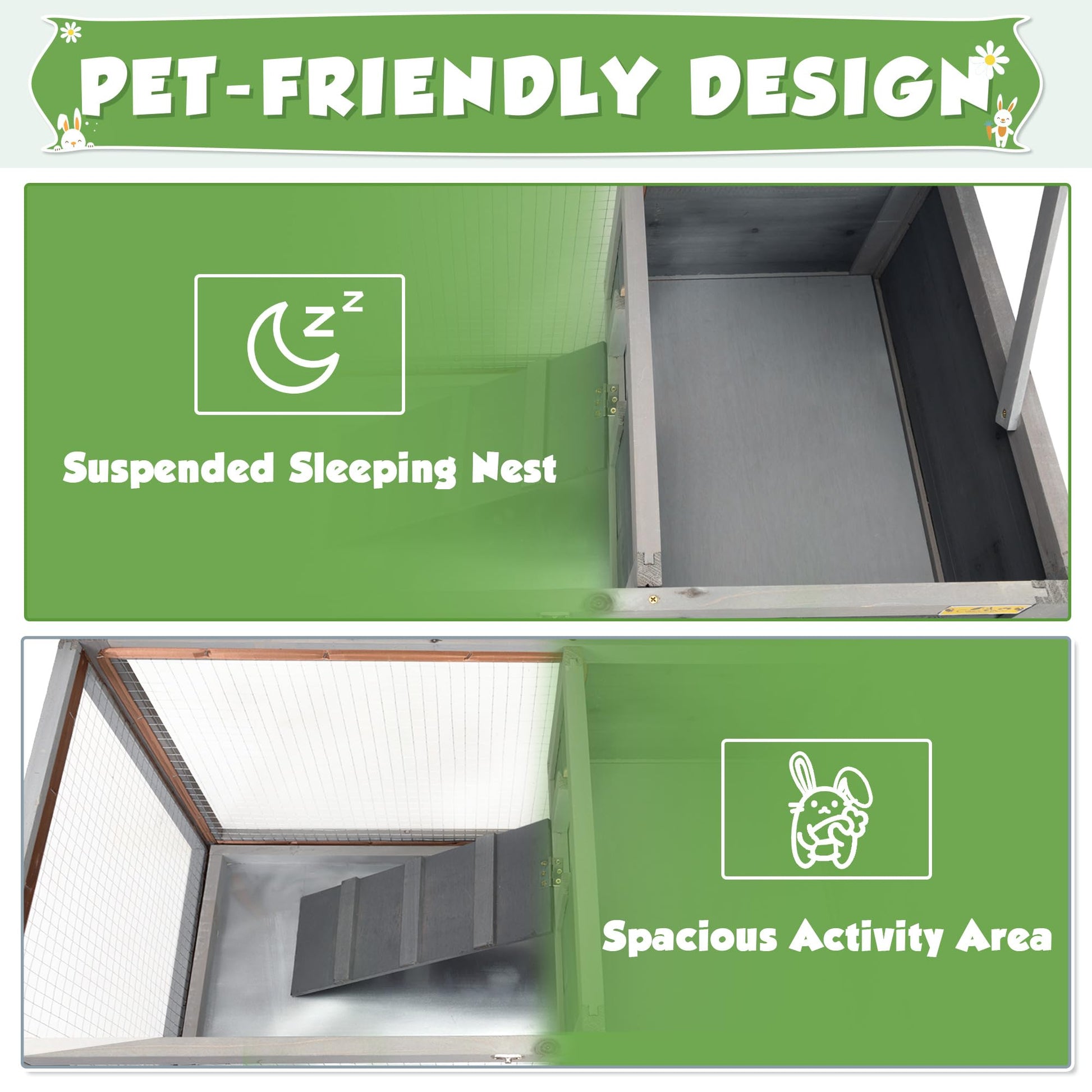 COZIVVOVV 2 Story Wooden Rabbit Hutch Indoor&Outdoor Bunny Cage with Pull Out Tray, Openable Roof, Side Door and Anti-Slip Ramp, Small Animal House(Grey) - WoodArtSupply