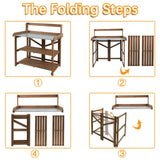 Ketive Folding Potting Bench Table,Outdoor Potting Bench Garden Wooden Potting Table,Fir Wood Workstation Planting Table with Galvanized Tabletop,2 Tier Storage Shelves,Top Shelf(Brown) ketive