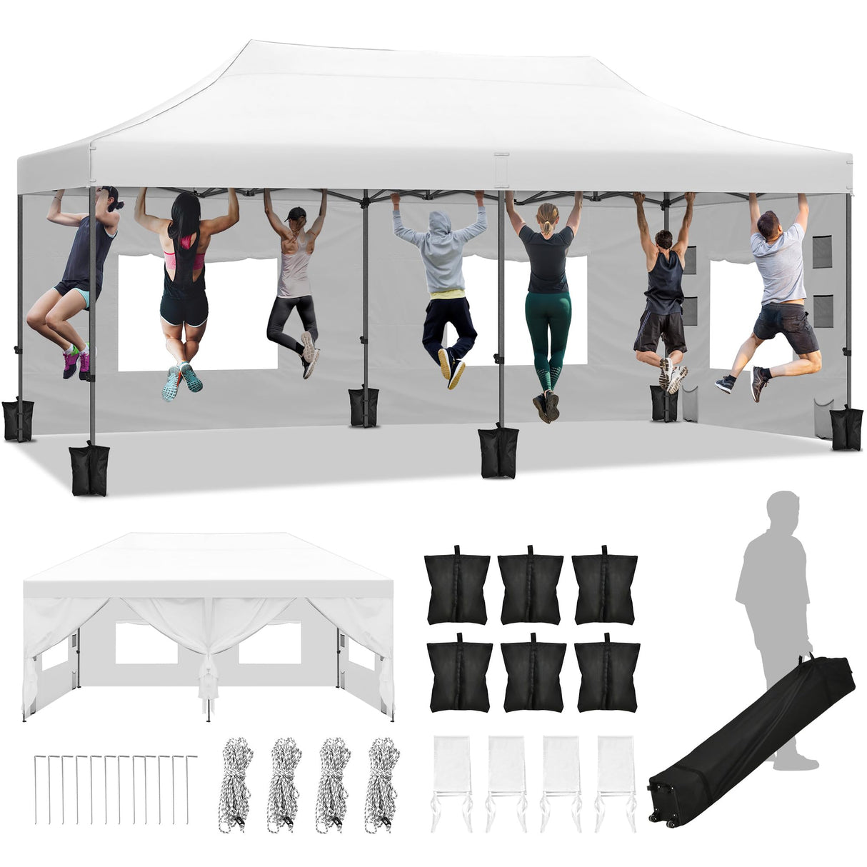 DWVO 10x20 Pop Up Heavy Duty Canopy Tent with 6 sidewalls, Roller Bag, 4 Ropes & 12 Stakes, 4 DIY Banners & 6 Sandbags for Patio, Party, Exhibition, Commerce (White) DWVO