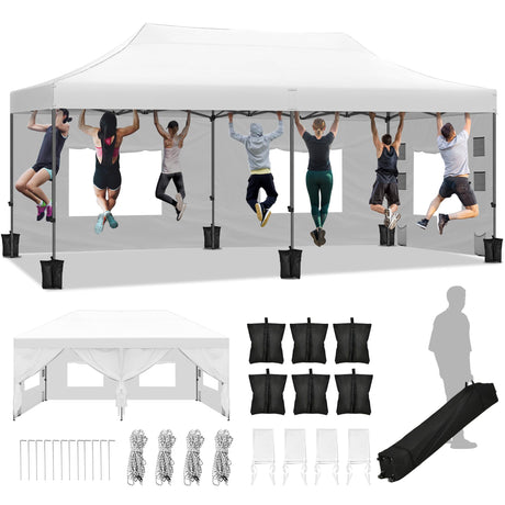 DWVO 10x20 Pop Up Heavy Duty Canopy Tent with 6 sidewalls, Roller Bag, 4 Ropes & 12 Stakes, 4 DIY Banners & 6 Sandbags for Patio, Party, Exhibition, Commerce (White) DWVO