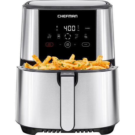 Chefman TurboFry Touch Air Fryer, Large 5-Quart Family Size, One Touch Digital Control Presets, French Fries, Chicken, Meat, Fish, Nonstick Dishwasher-Safe Parts, Automatic Shutoff, Stainless Steel Chefman